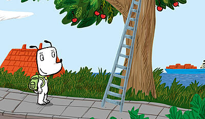 Hunden Ib kravler op af stigen